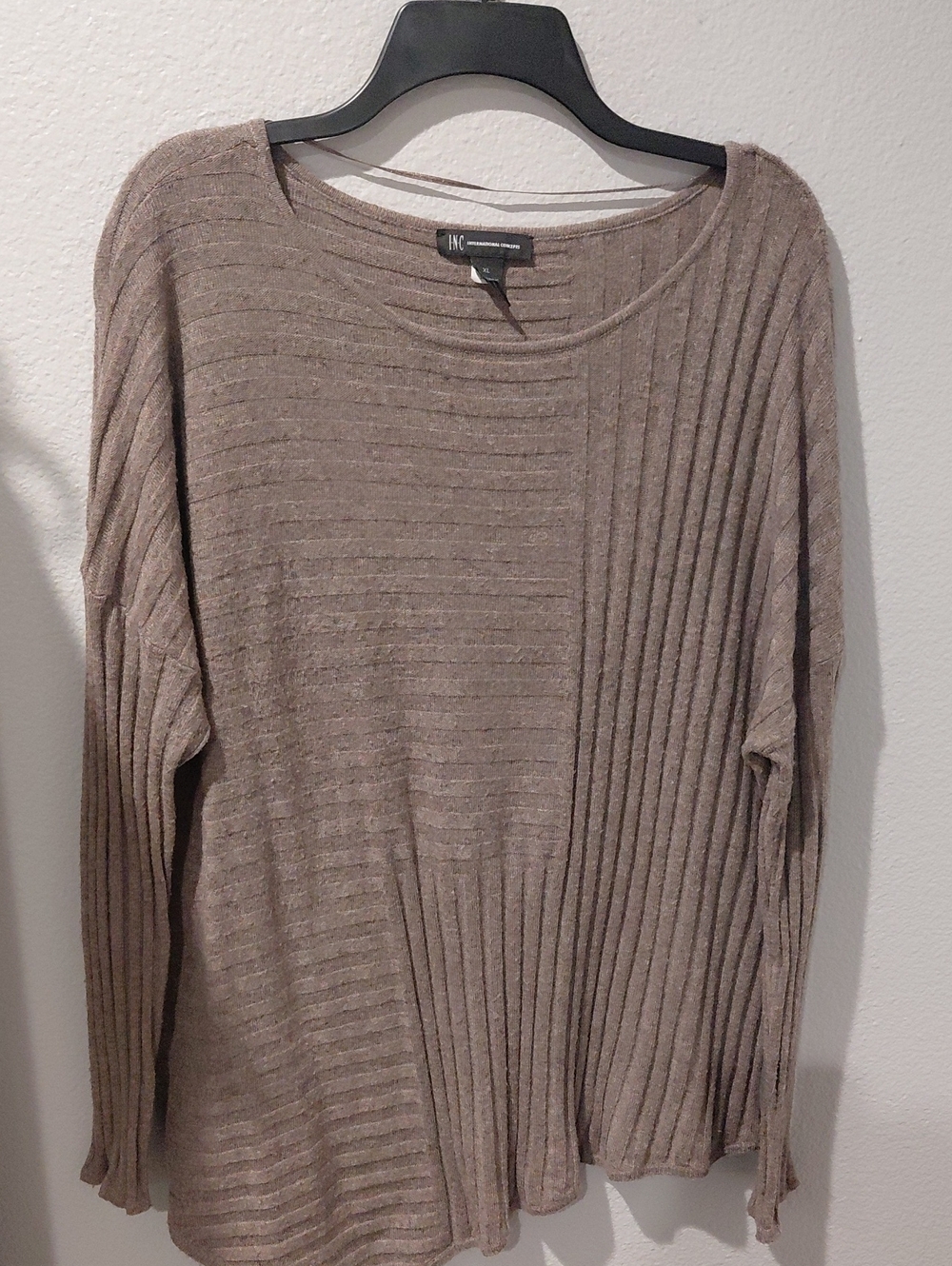 INC International Concepts Taupe Ribbed Panel Crewneck Sweater
